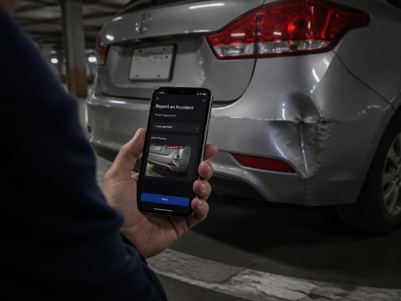 Person scanning a dented rear bumper with the CarDent AI app in a parking garage